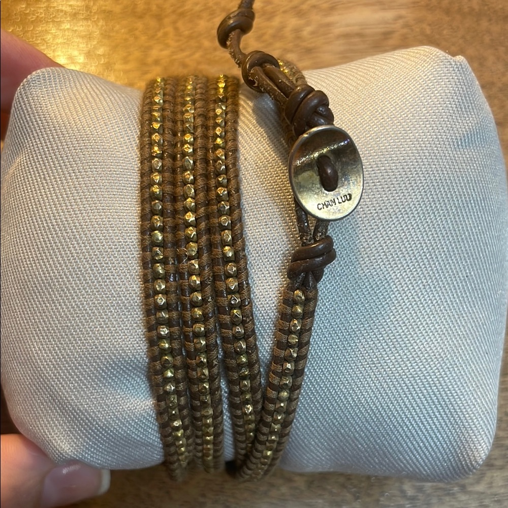 Chan Luu Brown and Gold 925 Leather Beaded Wrap Bracelet
